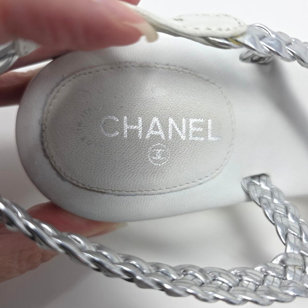Chanel CC Logo Braided Metallic Leather Thong Sandals White Silver IT 37.5 US 7 - Picture 7 of 9
